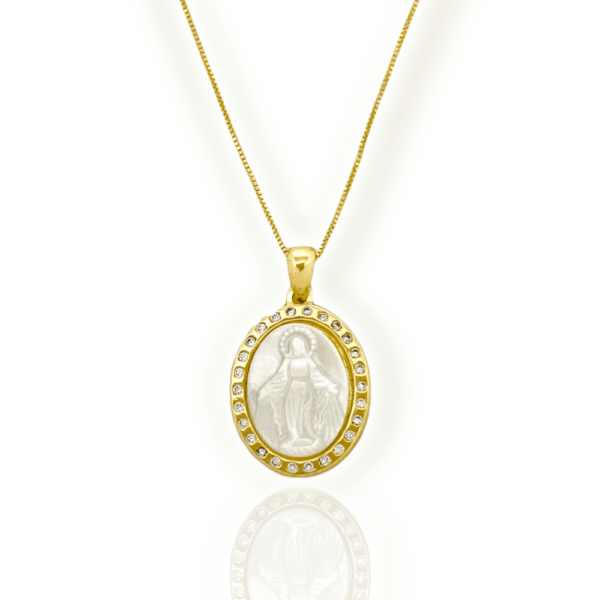 Colar Dourado Medalha Oval Nossa Senhora das Graças Madrepérola Crav. - Image 2