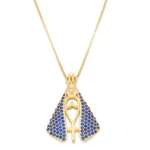 Colar Dourado Nossa Senhora Aparecida Azul Safira Vazado