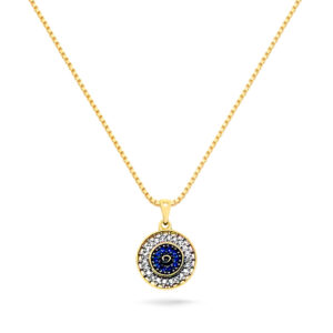 Colar Dourado Olho Grego Redondo Cravejado Azul e Cristal