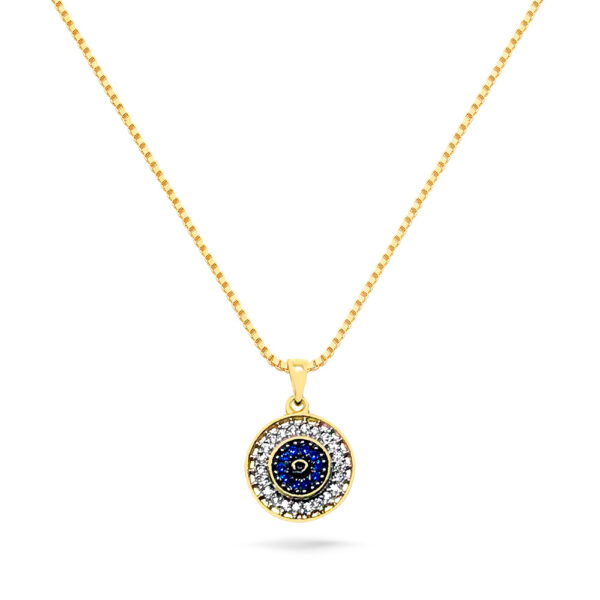 Colar Dourado Olho Grego Redondo Cravejado Azul e Cristal