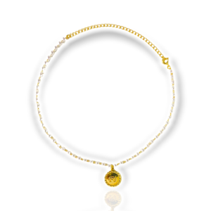 Choker Dourado Pérolas Bolinhas Medalha Fé