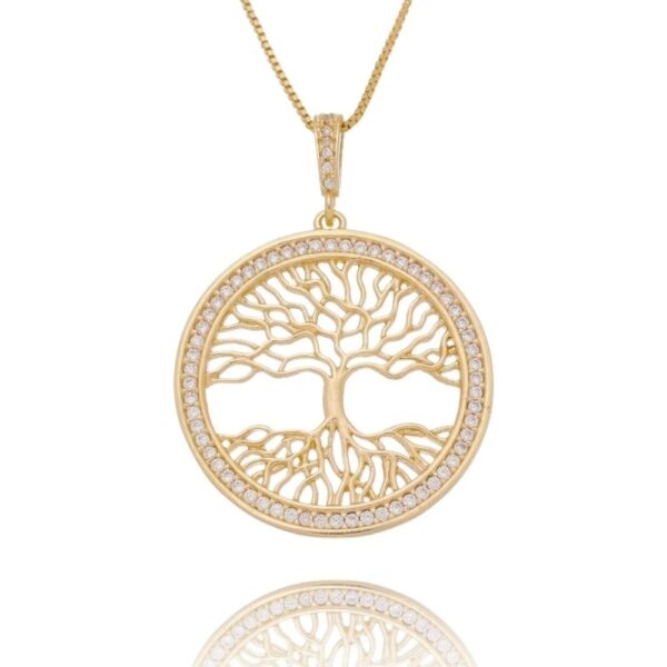 Colar Dourado Árvore da Vida Zircônia Cristal G