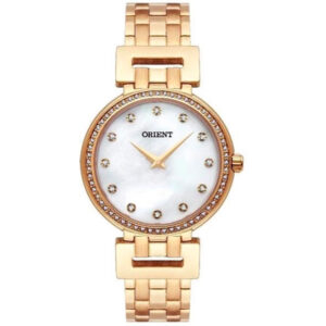 Relógio Orient Feminino Redondo Cravejado e Cristais Aço Inox Dourado