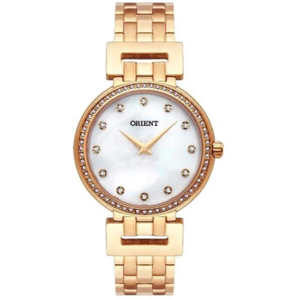 Relógio Orient Feminino Redondo Cravejado e Cristais Aço Inox Dourado