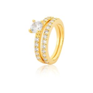 Anel Dourado Solitário Quadrado Duplo Cravejado Cristal