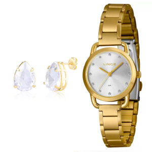 Kit Brinco + Relógio Lince Feminino Redondo Cristais Aço Inox Dourado