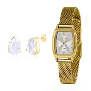 KIT Brinco + Relógio Lince Feminino Retangular Aço Inox Dourado