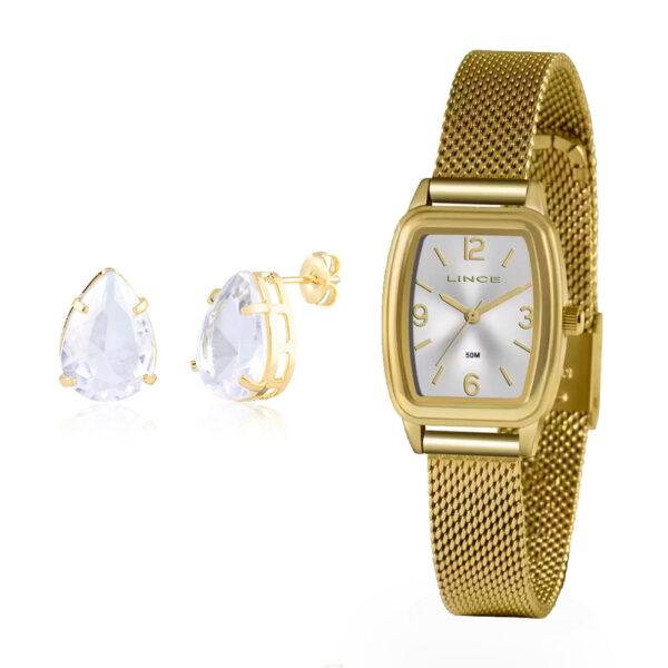KIT Brinco + Relógio Lince Feminino Retangular Aço Inox Dourado