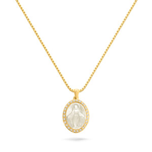 Colar Dourado Medalha Oval Nossa Senhora das Graças Madrepérola Crav.