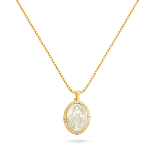 Colar Dourado Medalha Oval Nossa Senhora das Graças Madrepérola Crav.