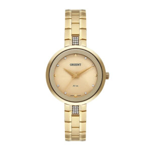 Relógio Orient Feminino Redondo Pulseira Aço Dourada com Cristais