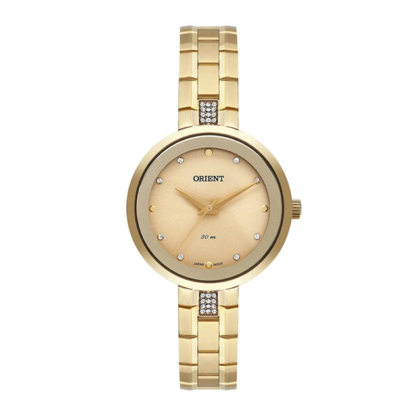 Relógio Orient Feminino Redondo Pulseira Aço Dourada com Cristais