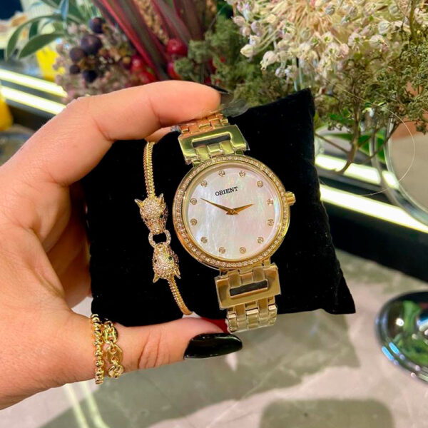 Relógio Orient Feminino Redondo Cravejado e Cristais Aço Inox Dourado - Image 2