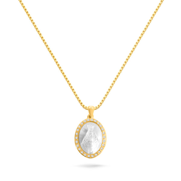 Colar Dourado Medalha Oval Nossa Senhora Aparecida Madrepérola Crav.