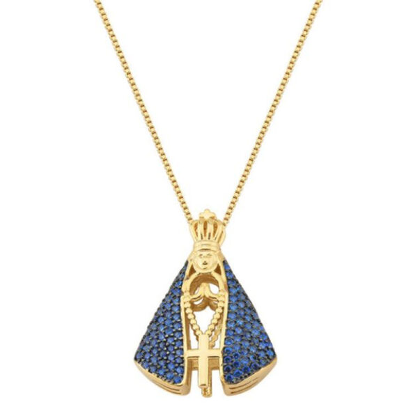 Colar Dourado Nossa Senhora Aparecida Azul Safira Vazado - Image 4