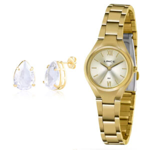 Kit Brinco + Relógio Lince Feminino Redondo Algarismo Romano Aço Inox Dourado