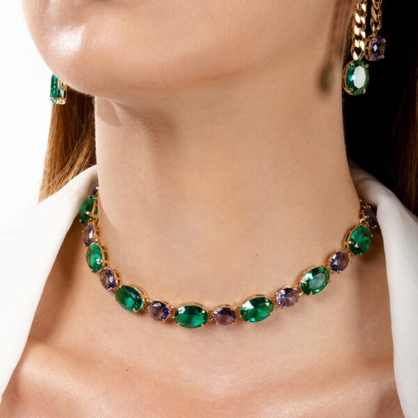 Choker Dourado Elos Grumet Oval Zircônias Turmalina e Tanzanita - Image 2